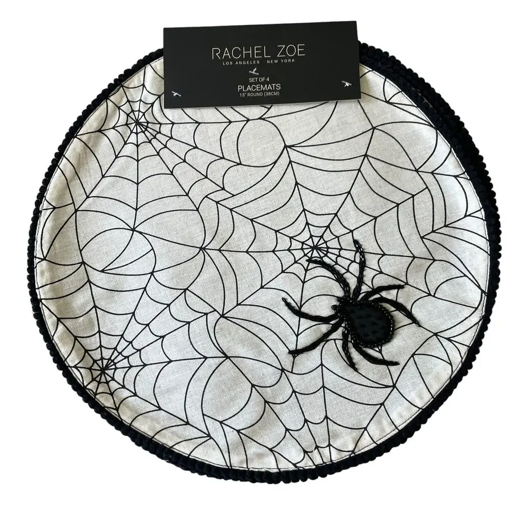 Rachel Zoe Halloween Spider Web with Beaded Spider Placemats 15in Set of 4 NEW